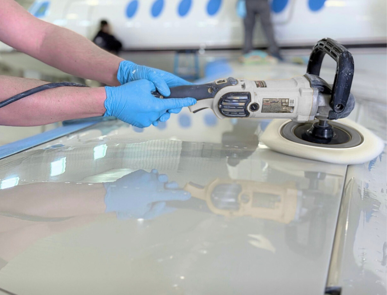 Professional aircraft detailing - polishing Gulfstream jet surface