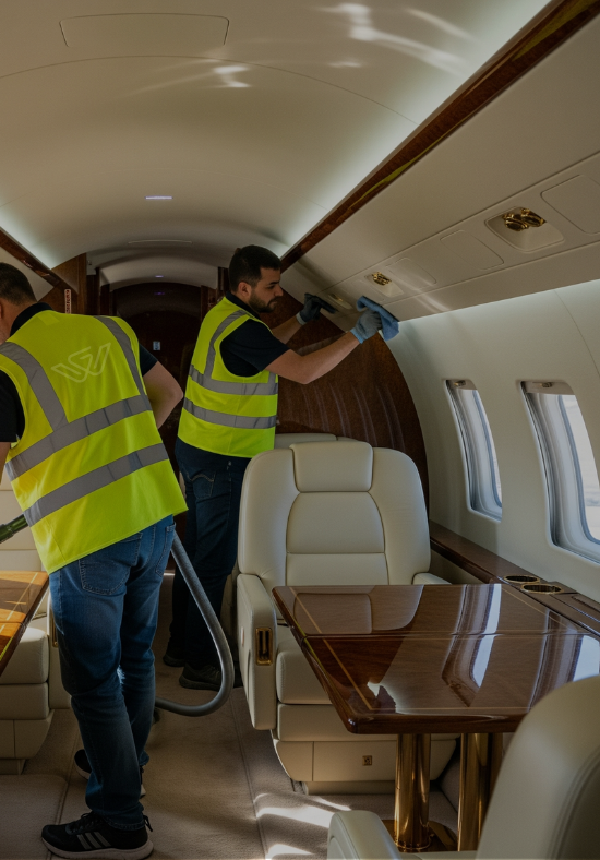 Wingworks team conducting hands-on interior detailing training inside a private jet.